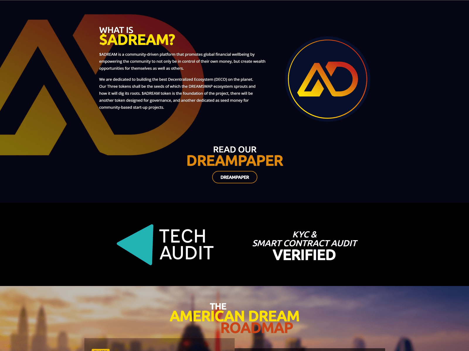 American Dream Token cryptocurrency project website design